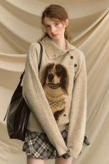 Retro Dachshund Print Slouchy Loose Pullover Sweater