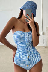 Chic Strapless Plaid Print One Piece Swimsuit