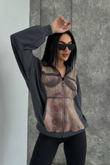 Bad Girl Style Nude Print Zipped Hoodie