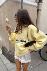 Yellow Retro Slouchy Letter Print Pullover Sweater
