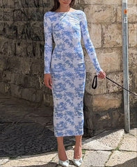 Backless Long Sleeve Print Midi Dress