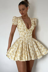 Floral Puff Sleeve Deep V Flared Mini Dress