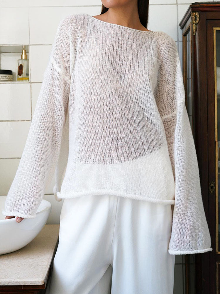 Oversize Thin Knitted Trumpet Long Sleeve Loose Transparent Summer Sweater