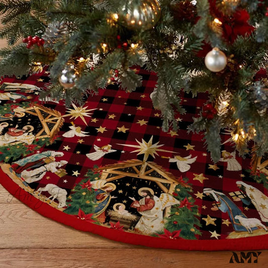 48 Inch Jesus Nativity Holy Night Christmas Tree Skirt Collar - Red Buffalo Plaid