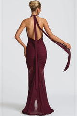 Mesh Paneled V-Neck Halter Backless Sexy Party Dress