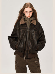 PU Leather Jacket with Lamb Wool Collar