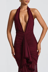 Mesh Panel Halter V Neck Backless Elegant Party Dress