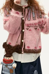 Pink Fair Isle Retro Slouchy Soft Knit Cardigan