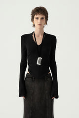 Chic Minimalist V-Neck Fitted Long Sleeve Base Layer