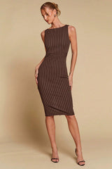 Striped Slit Waist Cinched Sleeveless Work Dress