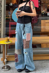 Vintage Washed Paint Splatter Patchwork Ripped Jeans