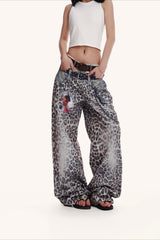 Low Waist Leopard Wide Leg Loose Flare Jeans