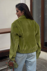Retro Green Velvet Loose Collared Varsity Jacket