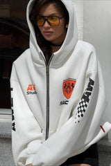 Oversized Zip-Up Logo Letter Print Hoodie