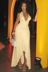 Halter V-Neck Backless Ruched High Slit Party Dress