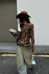 Leopard Print Flocked Slim Long-Sleeve Blouse