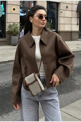 Collared Zipper Wool Loose Short Jacket