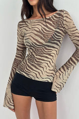 Zebra Print Mesh Sheer Flared-Sleeve Blouse