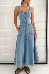 Strappy Backless Maxi Denim Dress