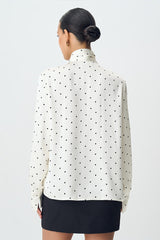 Polka Dot Collared Tie-Up Slim Chic Blouse