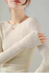 Chic White Boat Neck Fine Wool Long Sleeve Base Layer