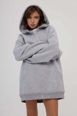 Solid Color Oversize Long - Sleeve Zip - Up Hoodie