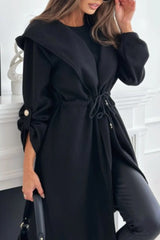 Tie Front Hooded Lapel Long Sleeve Casual Coat