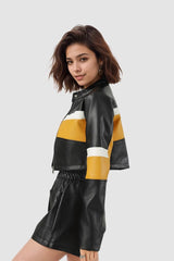 Sexy Contrast-Panel PU Stand-Collar Slim Crop Jacket