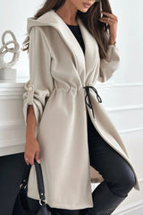 Tie Front Hooded Lapel Long Sleeve Casual Coat