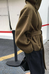 Turtleneck Loose Double-Faced Wool Tie Waist Retro Coat