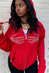 Retro Skull Hand Print Zip-Up Hoodie