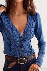 V Neck Chunky Cable Button Embroidered Cardigan