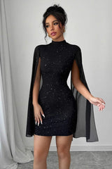 Shiny Printed High Neck Puff Sleeve Bodycon Party Dress