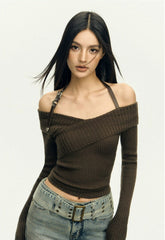 Ribbed Off-Shoulder Brown Knit Top