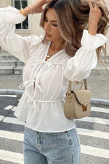 Waist-Tie Long-Sleeve Cardigan Blouse