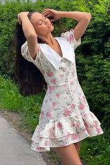 Romantic V Neck Puff Sleeve Ruffle Waist Short Floral Dress