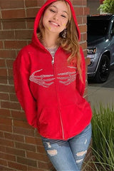 Retro Skull Hand Print Zip-Up Hoodie