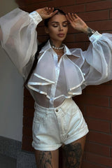 Sheer Lantern-Sleeve Collared Ruffled Blouse