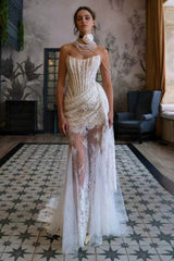 High-End Lace Sheer Paneled Corset Strapless Party Dress
