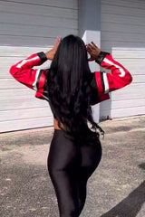 Color-Block Embroidered Slim Faux Leather Jacket