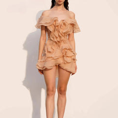 Off Shoulder Ruffle Spliced Floral Dress