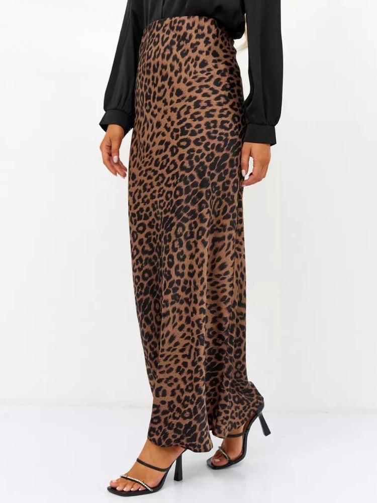 Leopard Printed Long Summer Elegant High Waist Satin Silk A-Line Skirt