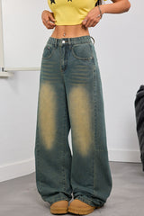 Embroidered Washed Retro Wide-Leg Jeans
