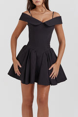 Off Shoulder Lapel Waist Cinch Ballet A Line Slip Dress