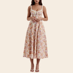 Floral Low-Cut Sling Backless Midi Dress