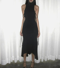 Lace Up Solid Sleeveless Midi Dress