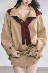 French Hepburn Stand Collar Belted Loose Slim Coat