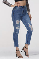 Blue Ripped High-Waisted Skinny Ankle Jeans