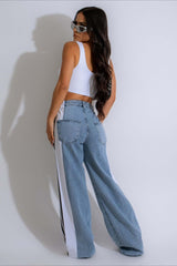 Stretch Three Stripe Wide-Leg Casual Jeans