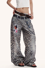 Low Waist Leopard Wide Leg Loose Flare Jeans